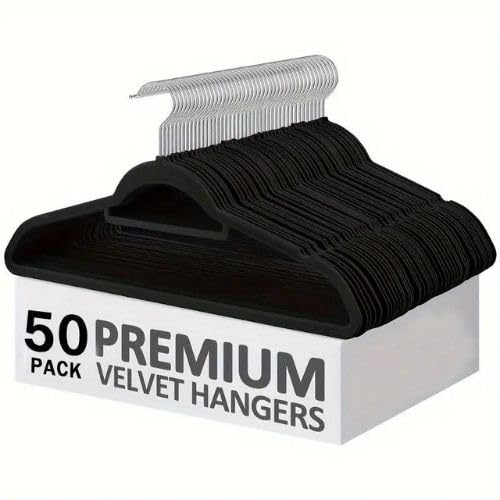 50 Stück Schwarz - Samt - Anti-Rutsch-Kleiderbügel rutschfest Anzugbügel - Samtbügel inkl Krawattenh