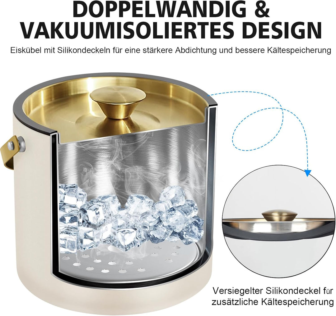 3.2L Moderner isolierter Eiskübel mit Silikondeckel, Tong, Sieb, doppelwandiger Eiskübel aus Edelsta