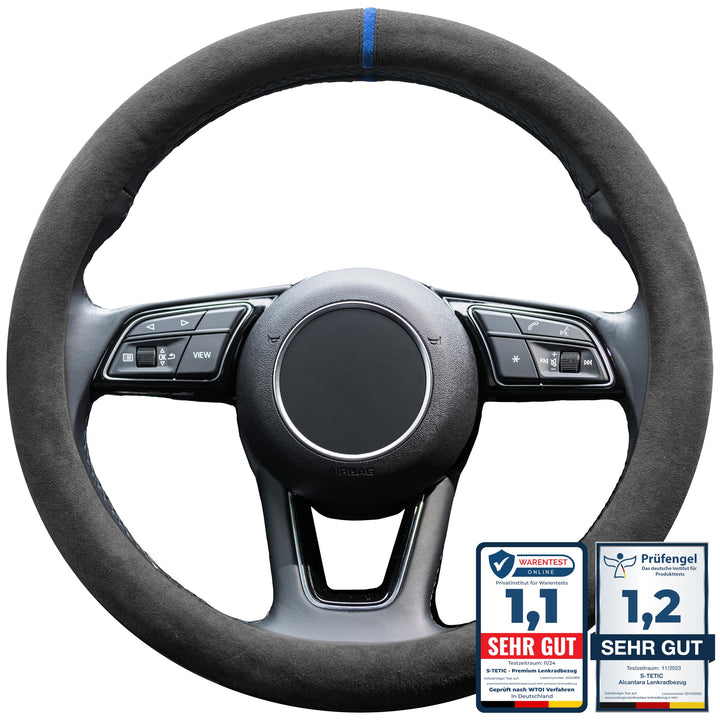 S-TETIC® Premium Lenkradbezug Alcantara® | Echtes Alcantara | BLAUE 12-Uhr Markierung | Universal Gr