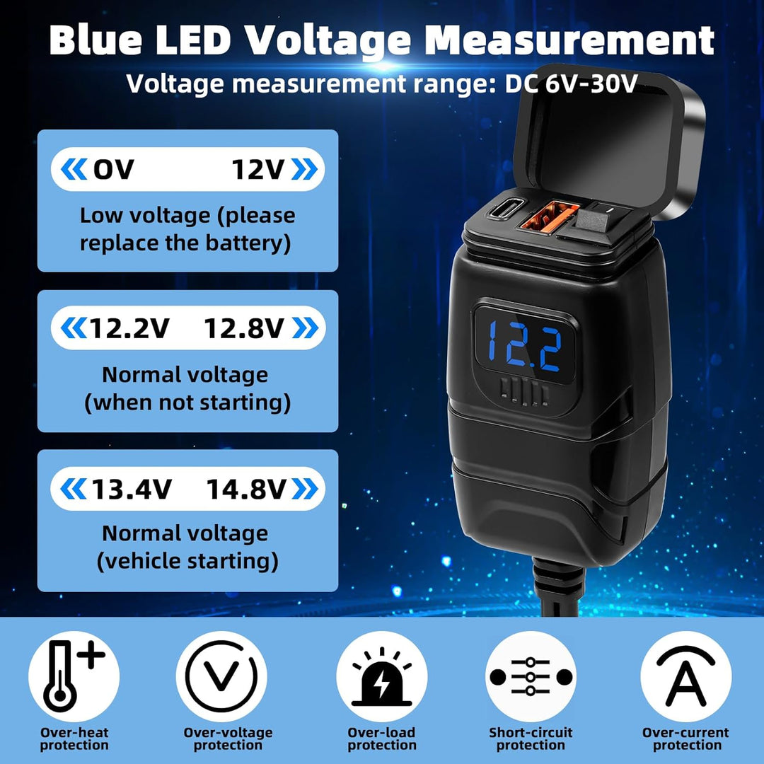 USB Steckdose Motorrad & Wohnmobil - PD Type-C & USB Ladegerät mit EIN-/Ausschalter und LED-Spannung