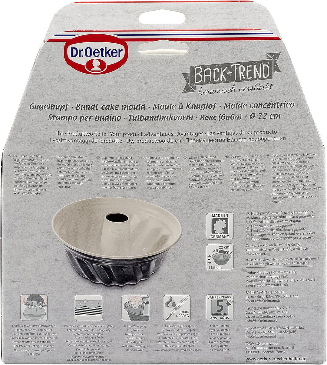 Dr. Oetker Gugelhupfform Ø 22 cm BACK-TREND, Backform für Gugelhupf, runde Bundform aus Stahl mit ke