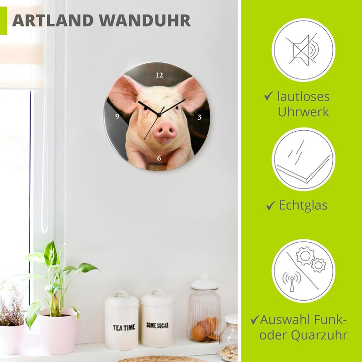 ARTLAND Wanduhr ohne Tickgeräusche Glas Funkuhr Ø 30 cm Rund Lautlos Tiere Schwein Lustig Hipster Au