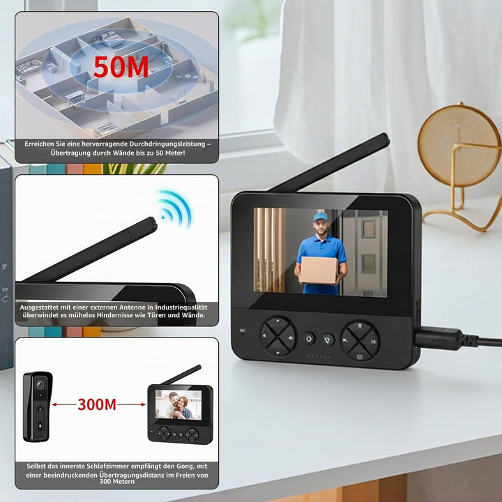 Türklingel mit 4,3 Zoll Monitor und Kabellose Kamera – Video Türklingel ohne WLAN, 2-Wege-Audio HD K