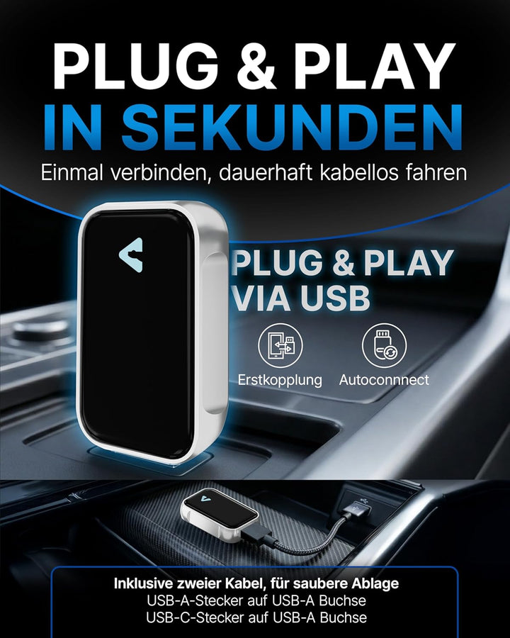 Carplay Wireless Adapter & Android Wireless Adapter fürs Auto – USB-A Plug & Play Nachrüstadapter, U