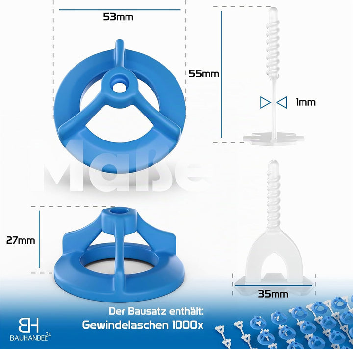 Bauhandel24 - Fliesenverlegehilfe 1mm, 1000 Gewindelaschen, Nivelliersystem, Verlegehilfe, Zuglasche