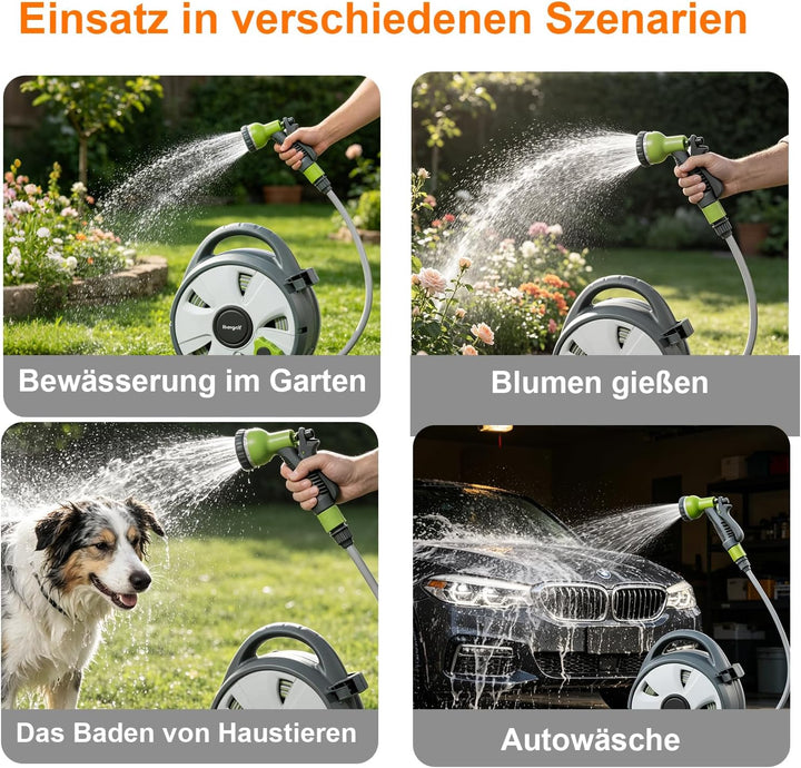 Ibegrif M22220 Schlauchtrommel mit 10 m Wasserschlauch und Multifunktionsbrause, schwarz/grün