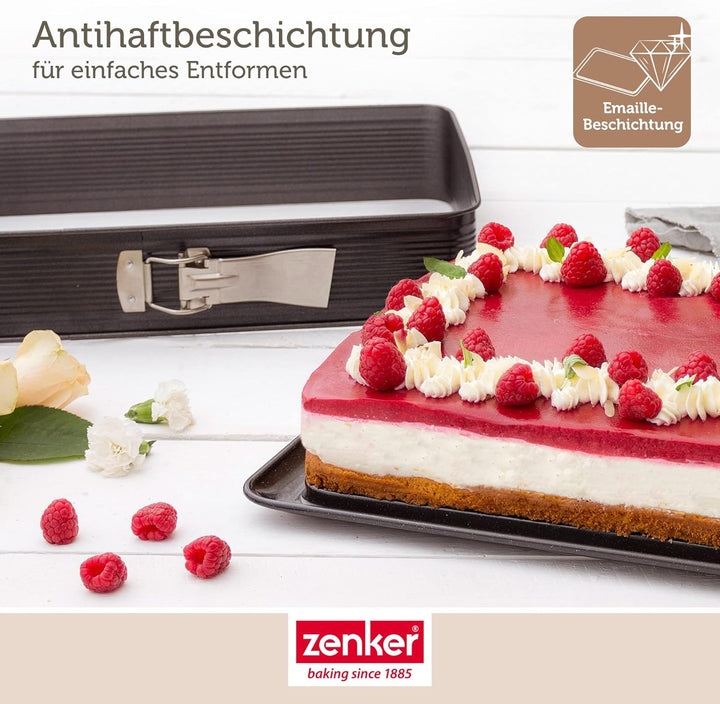 Zenker 7022 Rechteck-Springform DELUXE, eckige Premium-Backform mit emailliertem Boden und Auslaufsc