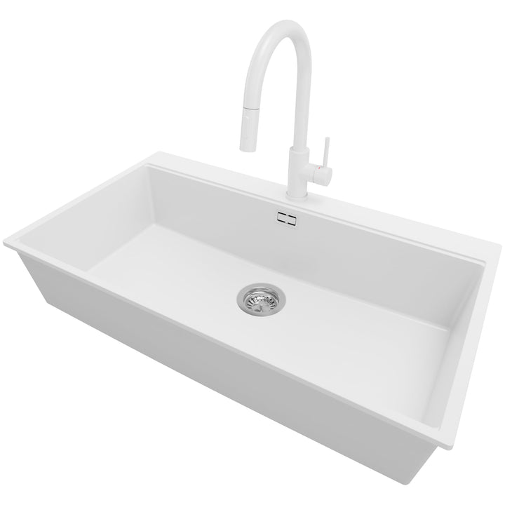 PRIMAGRAN Granitspüle Weiss 88x50cm, Spülbecken 1 Becken + Ablauf-Set + Küchenarmatur 40x22cm, Küche