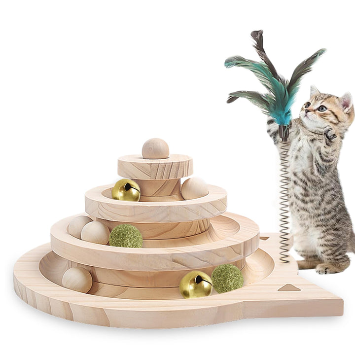 3-Lagiges Turm-Katzenspielzeug mit Ball und Schiene Interaktives Rollspielzeug mit 3 Arten von Bälle