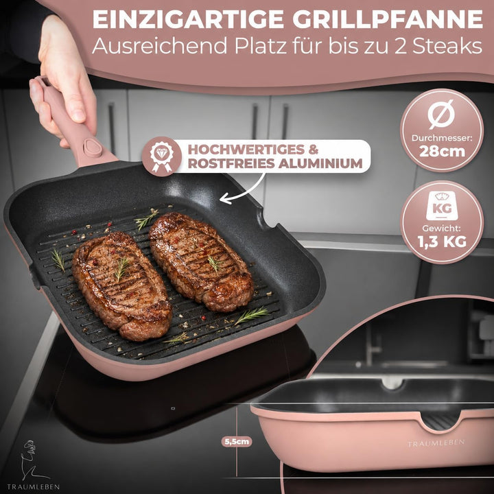 NEU Grillpfanne 28 cm mit Ausguss & abnehmbarem Griff, Antihaftbeschichtung, PFOA-frei, für Induktio