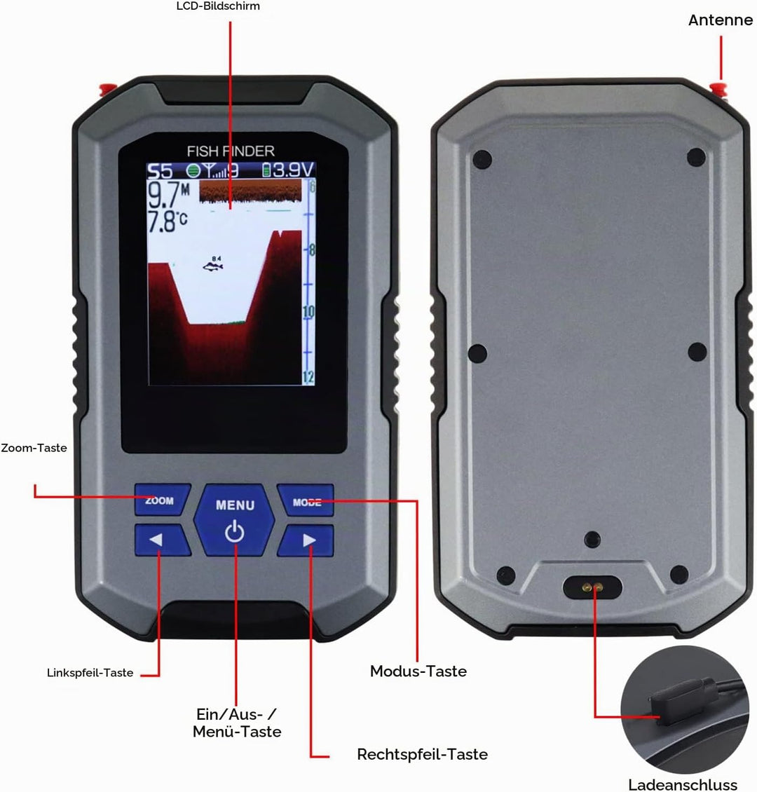 Fish Finder Wireless Sonar Sensor 125kHz Frequenz 45 Meter / 147 Fuss Tiefenalarm Funktion und gross