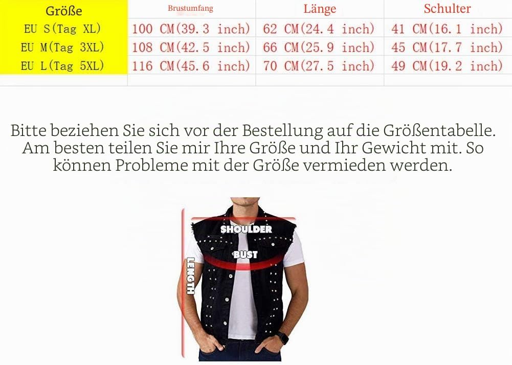Idopy Herren Slim Fit Punk Denim Weste Ärmellose Jeans Weste Jacke mit Nieten S Schwarz, S Schwarz