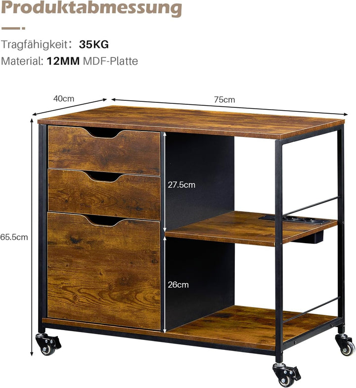 TUKAILAI Rollcontainer Holz, Aktenschrank mit 3 Schubladen und 2 offenen Fächern, Büroschrank mit Hä