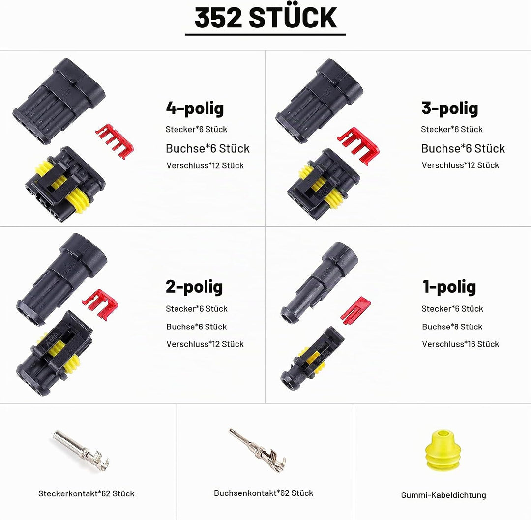 352 Stücke Wasserdichte KFZ Kabel Stecker Kit, 1/2/3/4 Pin Auto Stecker, schnelle und sichere elektr