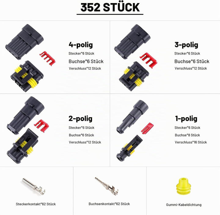 352 Stücke Wasserdichte KFZ Kabel Stecker Kit, 1/2/3/4 Pin Auto Stecker, schnelle und sichere elektr