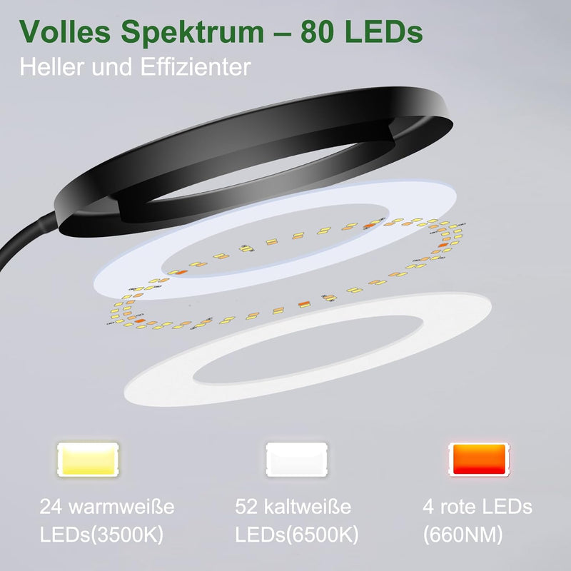 wolezek Pflanzenlampe LED Vollspektrum, 80 LEDs 6500K Grow Light, 160cm Grosses Grow Lampe, 3 Farben