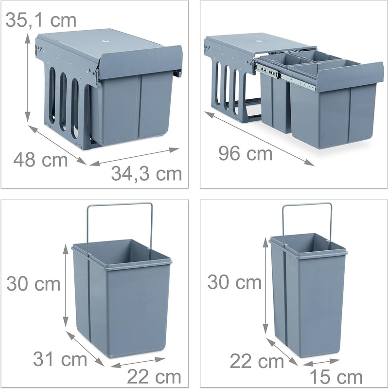 Relaxdays Einbaumülleimer Küche, Auszug, 3-fach Müllsystem Unterschrank, 15 & 8 Liter, Kunststoff, H