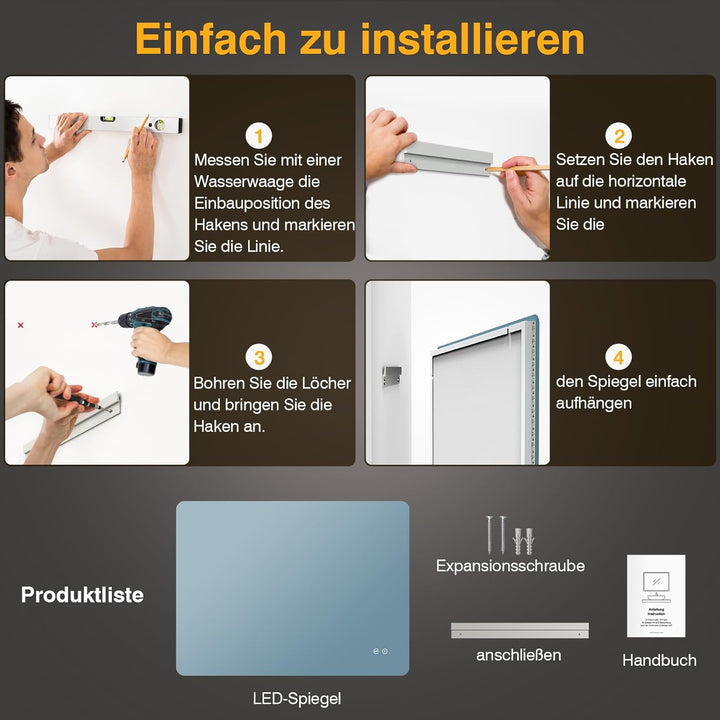 Badezimmerspiegel mit Beleuchtung, Led Spiegel Bad mit 3 Lichtfarben, Dimmbar, Speicherfunktion, Tou