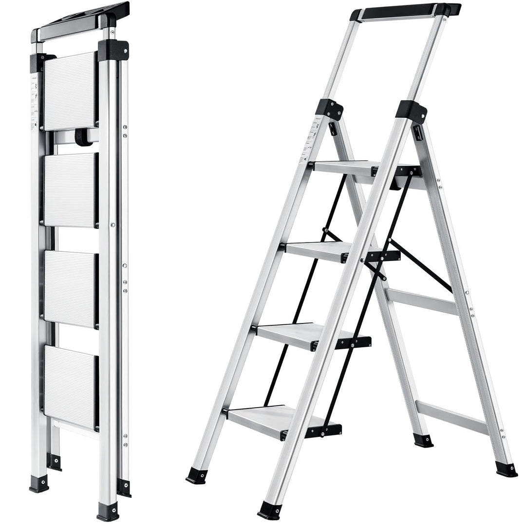 XinSunho Stufenleiter, Klapptritt 4 Stufen mit Ausziehbarem Handlauf, Aluminium Tritthocker, rutschf