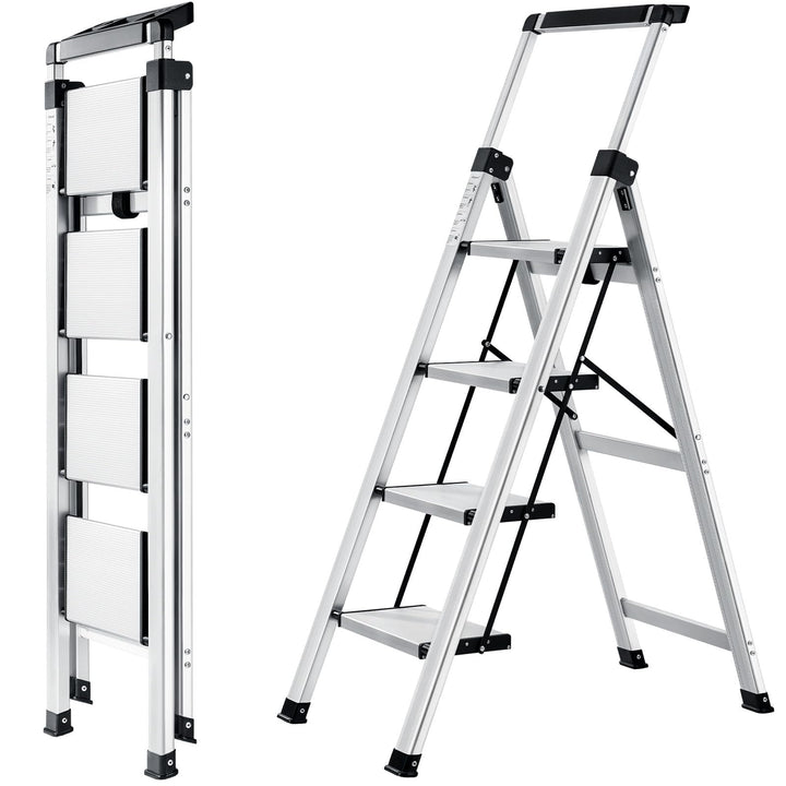 XinSunho Stufenleiter, Klapptritt 4 Stufen mit Ausziehbarem Handlauf, Aluminium Tritthocker, rutschf