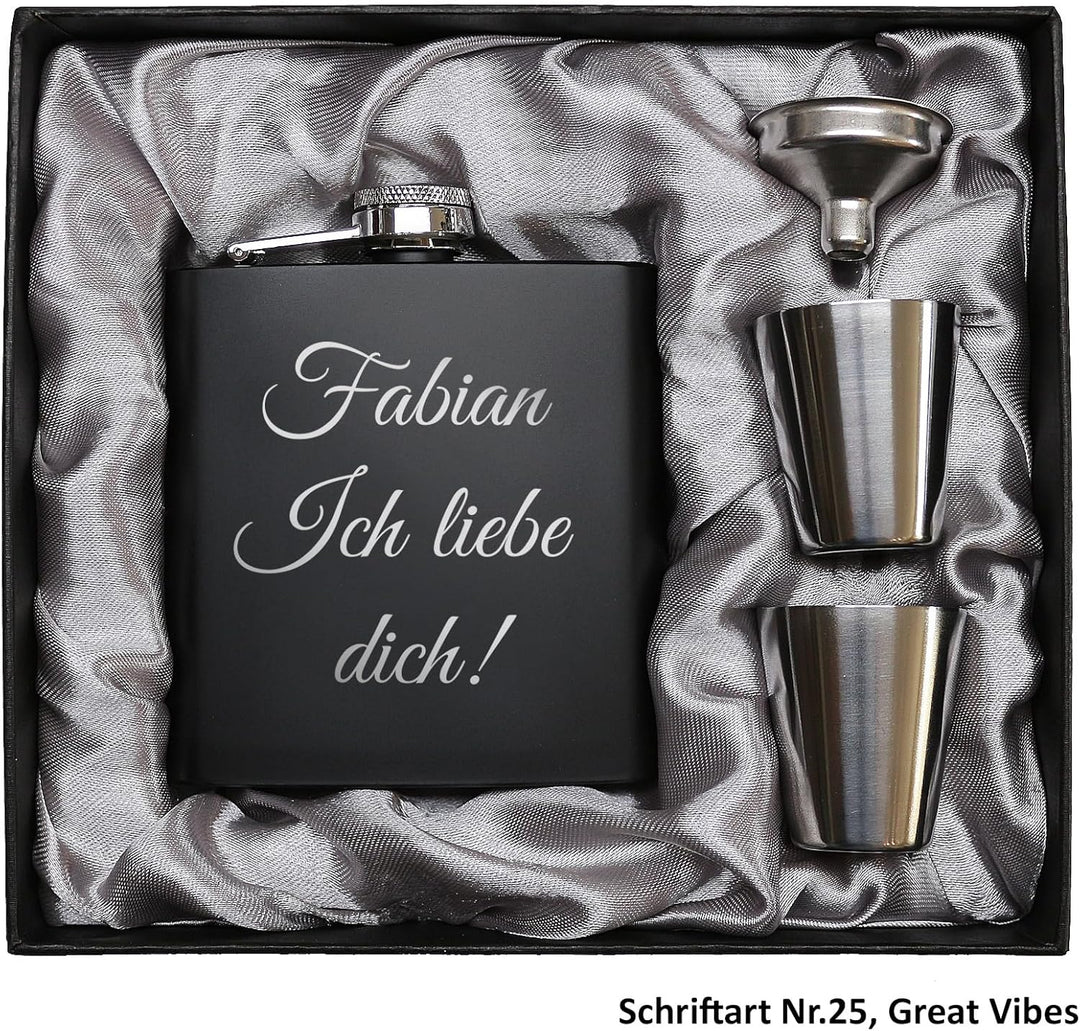 Flachmann mit Gravur. Edelstahl Flachmann personalisiert. Geschenke für Männer. Schwarz, Schwarz