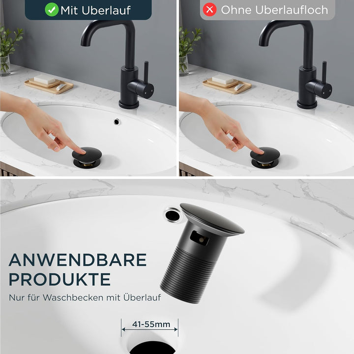 FORIOUS Wasserhahn Bad Schwarz Hoch mit Ablaufgarnitur，360° Drehbar Edelstahl Waschtischarmatur Hoch