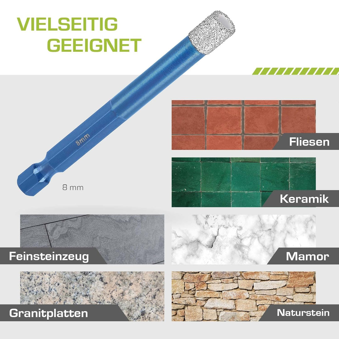 Profi Fliesenbohrer 8mm BIT Adapter - Diamantbohrer für Feinsteinzeug, harte Fliesen uvm. Diamantboh