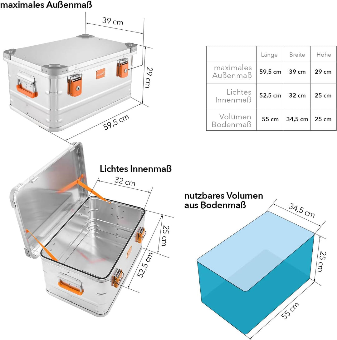 Alubox Alukiste abschliessbar E47 - Premium Aluminium Lagerbox 47 Liter - Deckel mit Aluminium Druck
