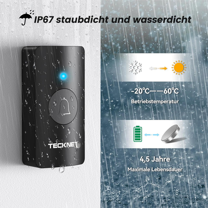 TECKNET Funkklingel, Batteriebetriebene Türklingel mit 4 Empfängern & 2 Sendern, Haustür Klingel Set