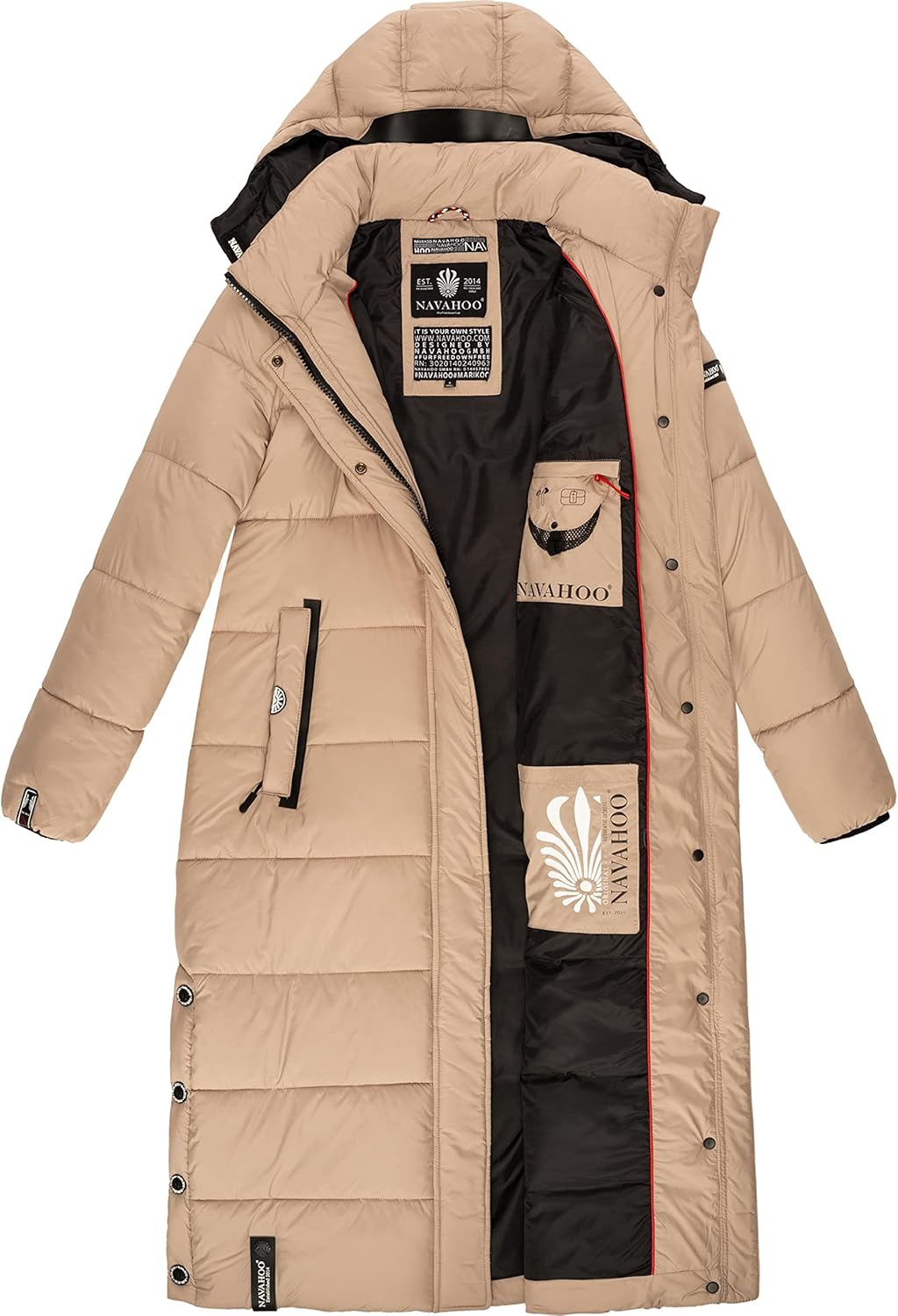 Navahoo Damen Wintermantel warmer Steppmantel lang mit abnehmbarer Kapuze Isalie XS-3XL XXL Taupe, X