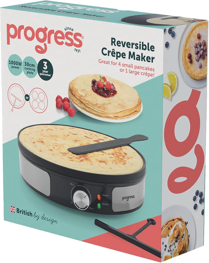Progress Reversible Crepe Maker – Elektrische Pfannkuchenmaschine mit 30 cm Kochplatte, Scotch Panca
