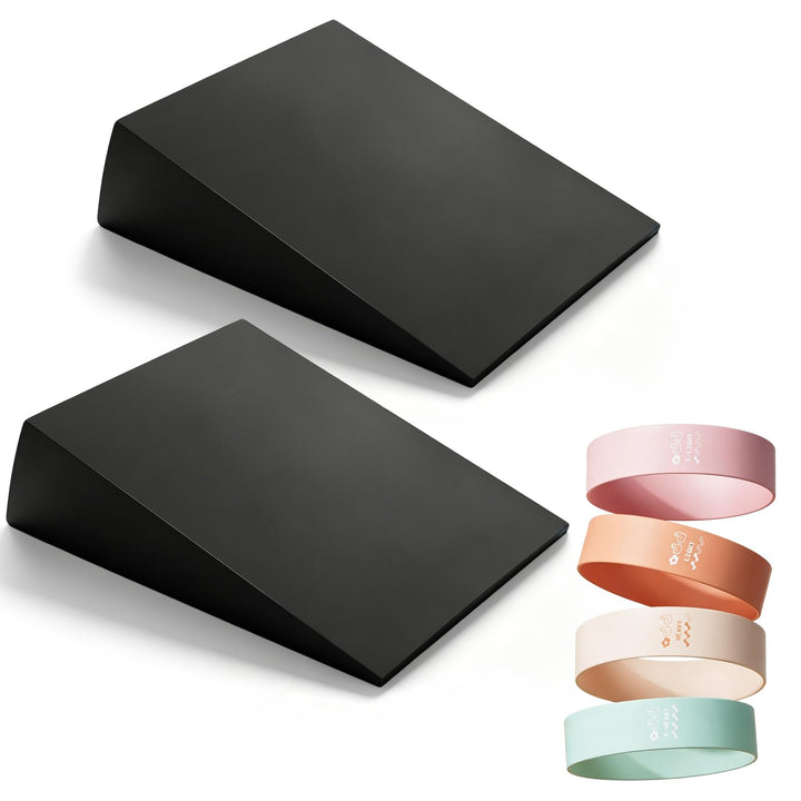 Wadendehner 2er Set, Squat Wedge Kniebeugenrampe mit 5 Widerstandsbändern | Yoga Blöcke Slant Board