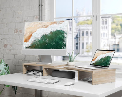 FITUEYES Dual Monitorständer aus Holz, Verstellbare Länge und Schwenkwinkel Bildschirmständer, Monit