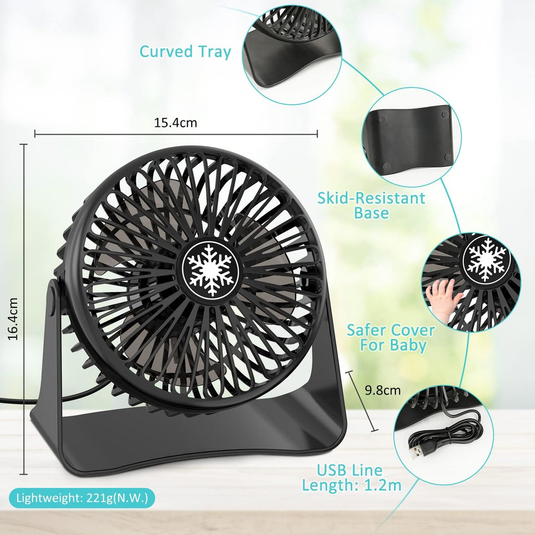 OUILA Mini Leise Ventilator, 3 Geschwindigkeitsstufen Tischventilator mit 1.2m USB Kable, 360°Drehei