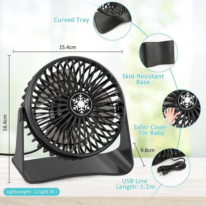 OUILA Mini Leise Ventilator, 3 Geschwindigkeitsstufen Tischventilator mit 1.2m USB Kable, 360°Drehei