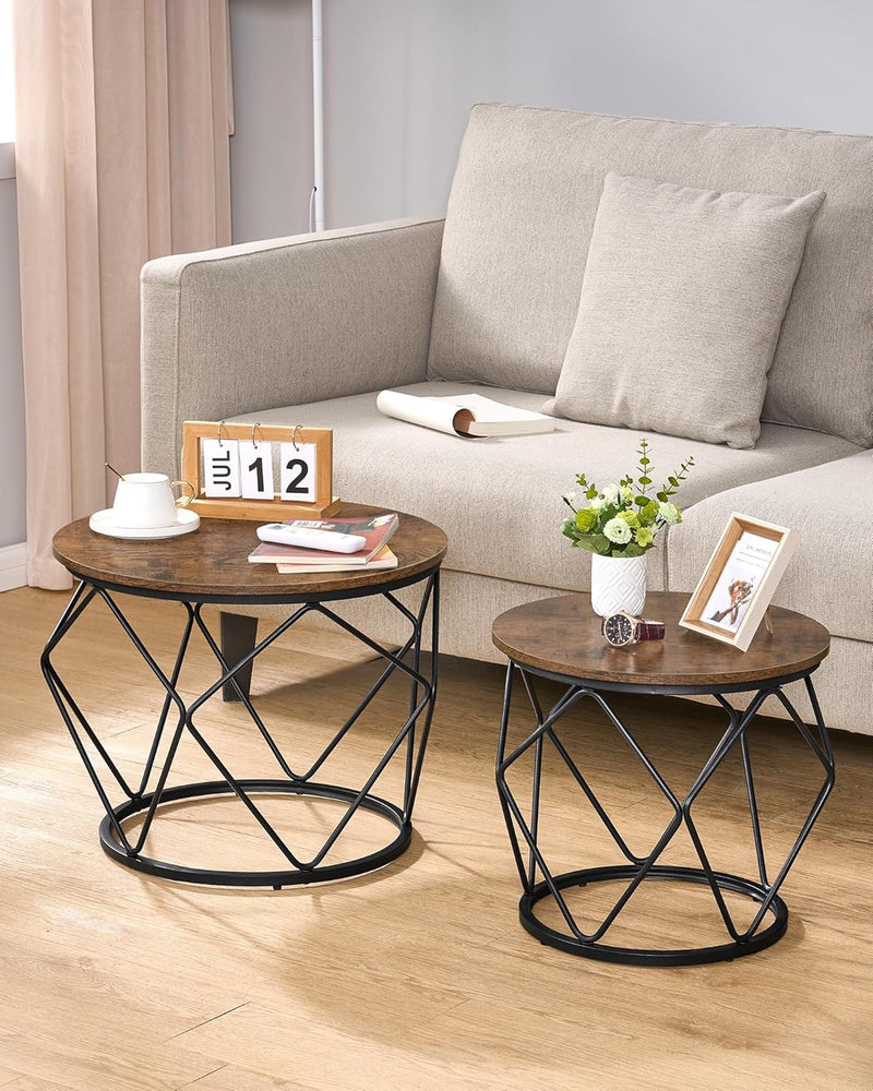 Hzuaneri Couchtisch rund, 2er Set Beistelltische, Beistelltisch-Set mit Metallrahmen, Kleiner Beiste