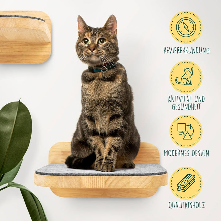 HAPPYPET Katzentreppen 3er-Set für Wandmontage - Nachhaltiges Hartholz, Designer Kletterwand Katzen,