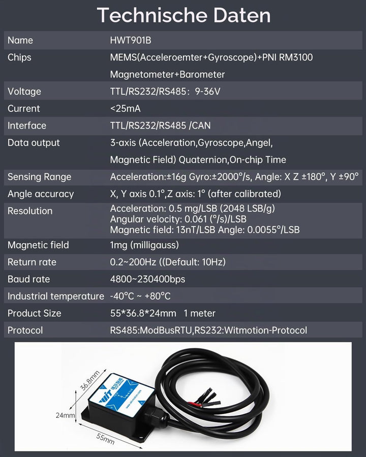 [Beschleunigungsmesser + Neigungsmesser in Militärqualität] HWT901B-RS485 MPU9250 9-Achsen-Gyroskop