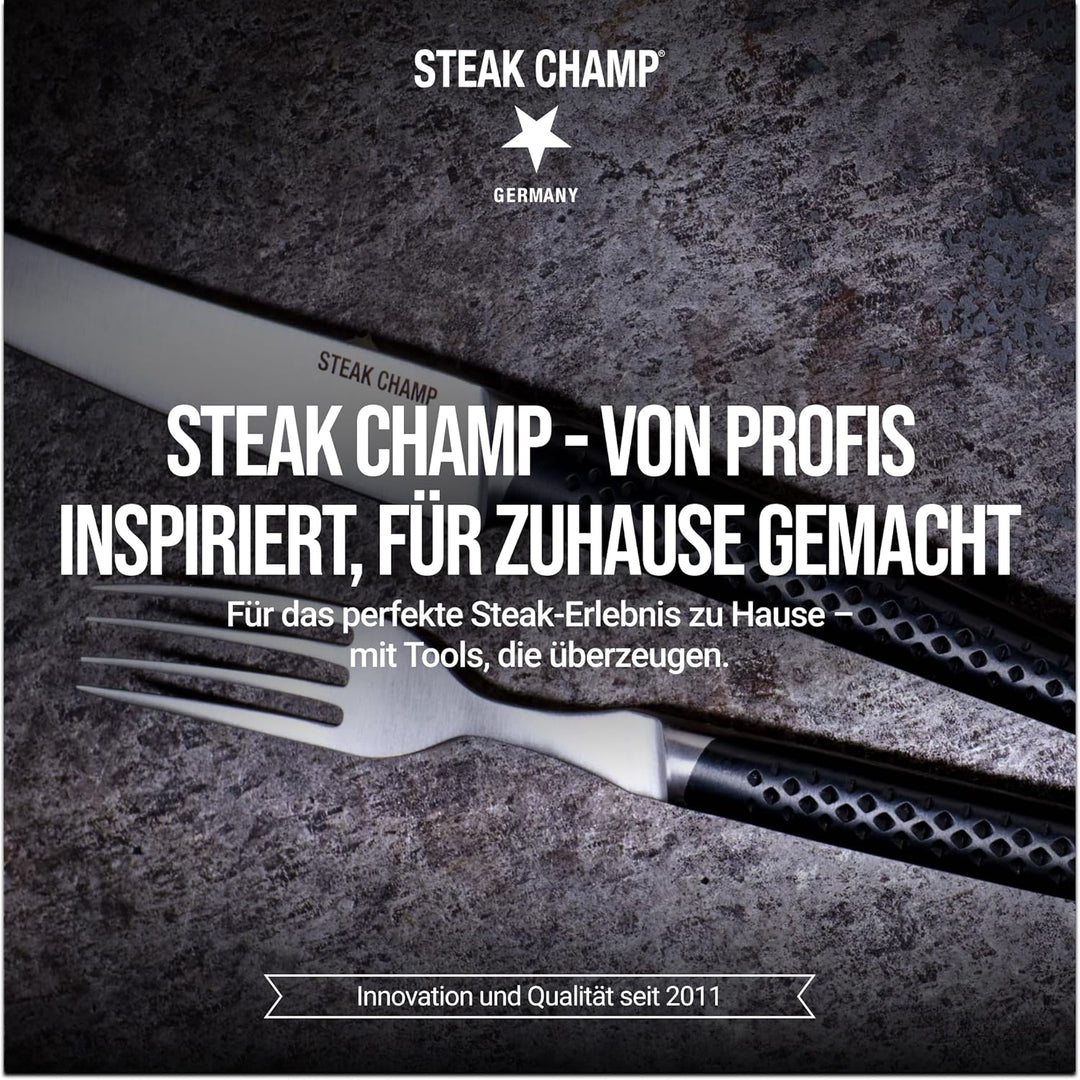 Steak Champ Steakbesteck Prime Rib: 2 Steakmesser & 2 Steakgabeln aus Klingenstahl, Rutschfeste Grif
