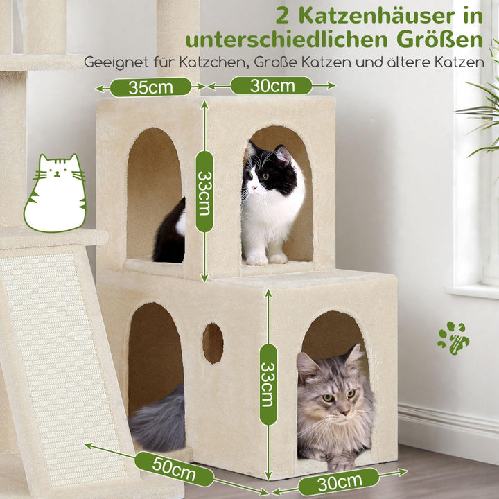 Globlazer Kratzbaum Beige Stabil mit 2 Gross Basis, 2 Katzenhaus 90° Drehbares, Gepolsterte Plattfor