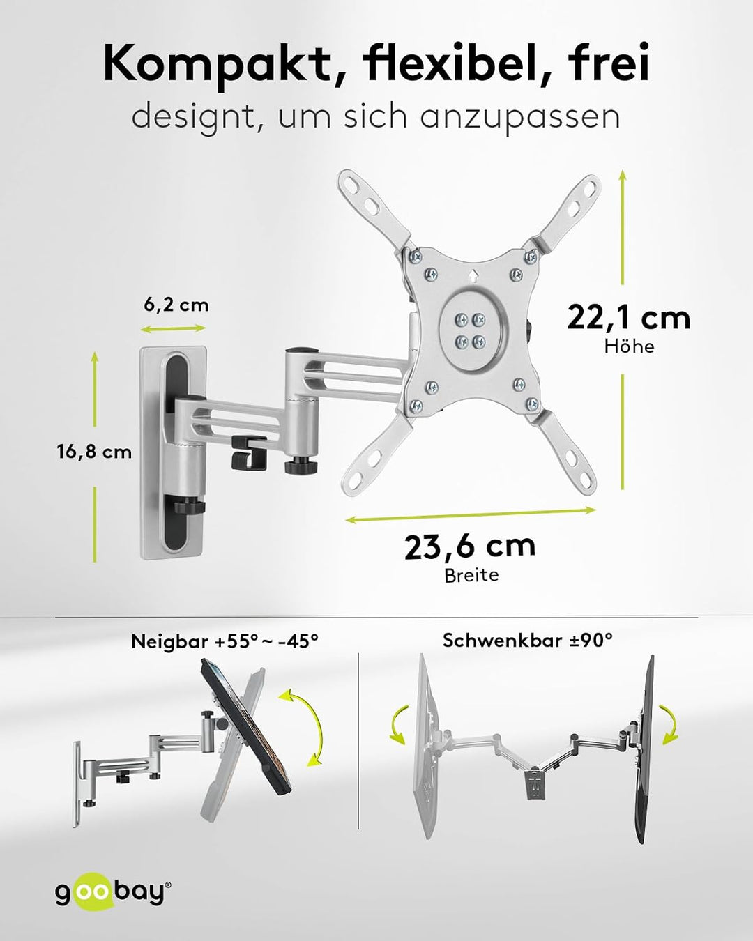 goobay TV-Wandhalterung Wohnmobil 13–43 Zoll, extra Langer Arm 38 cm, schwenkbar 180°, VESA 200x200,