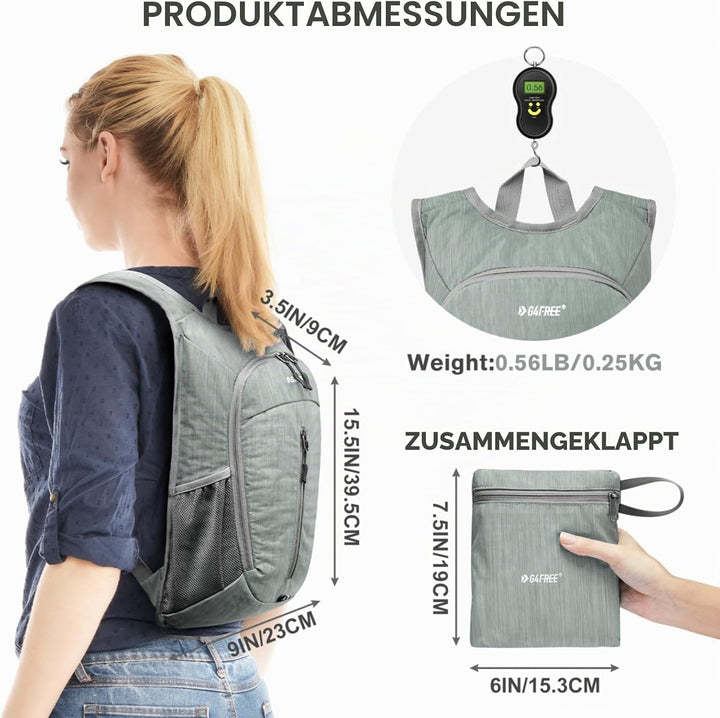 G4Free Wanderrucksack, 10 l, klein, für Reisen, Wandern, Tagesrucksack, leicht, verstaubar Grau 10L,