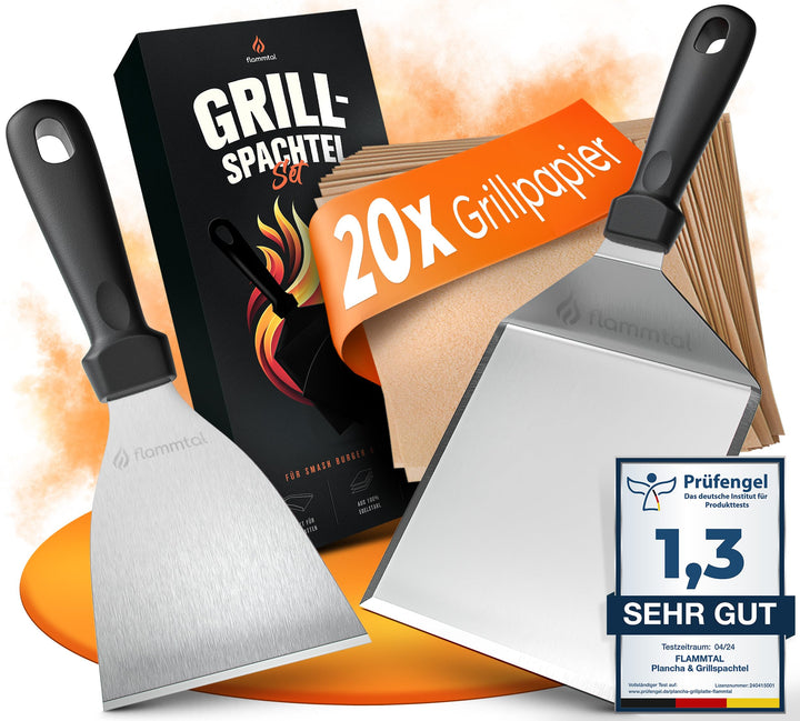 flammtal Grillspachtel Set aus Edelstahl - Hochwertiger Plancha Spachtel inkl. 20x Burgerpapier für