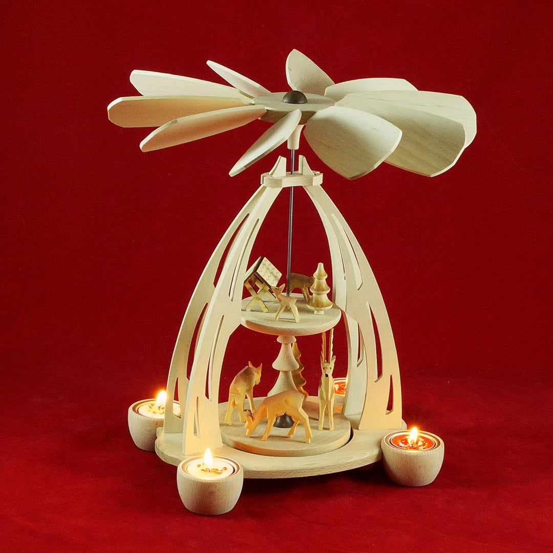 Wichtelstube-Kollektion XL Weihnachtspyramide f. Teelichter 35cm Rehe Futterkrippe Erzgebirge Buchen