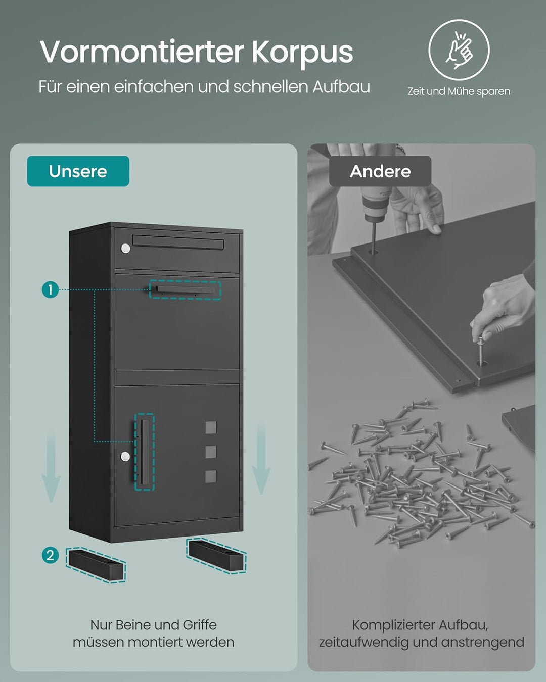SONGMICS Paketbox, Paketbriefkasten, Briefkasten mit Paketfach, Paketkasten XXL, für Briefe, Pakete,