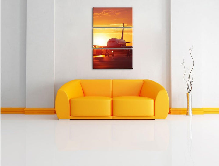 Pixxprint Flugzeug im Sonnenuntergang 3Teiler 120x80 cm Leinwandbild Wandbild Kunstdruck