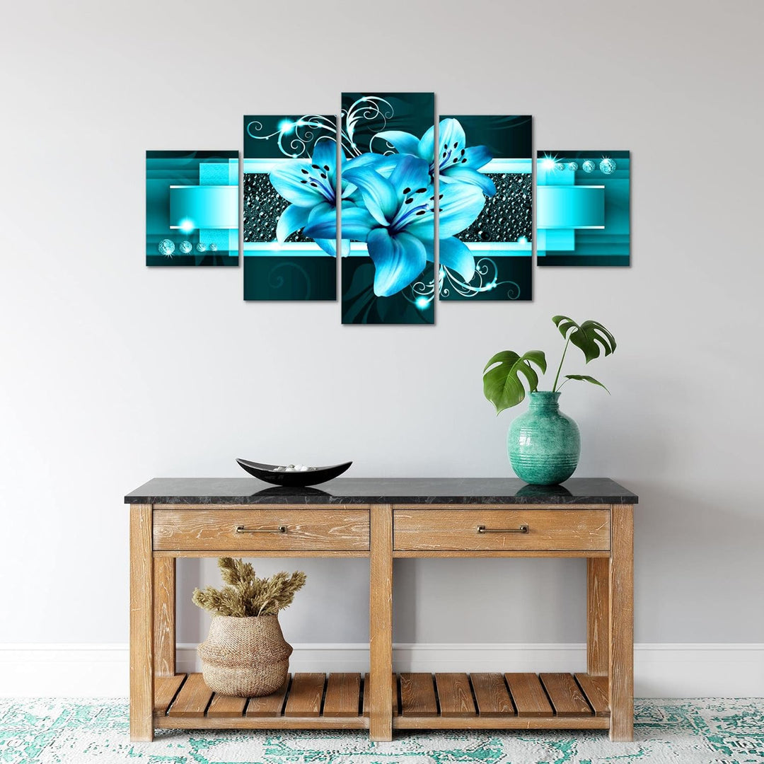 Runa Art Wandbilder Blumen Lilien 5 Teilig Bild auf Vlies Leinwand Deko Wohnzimmer Abstrakt Türkis 0