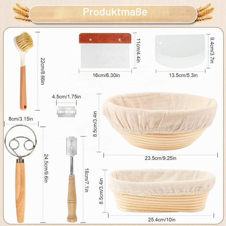 Gärkörbchen,Brot Gärkorb Set,23cm Rund & 25cm Oval Brotkörbchen,100% Natürlichem Rattan, inkl. Teigs