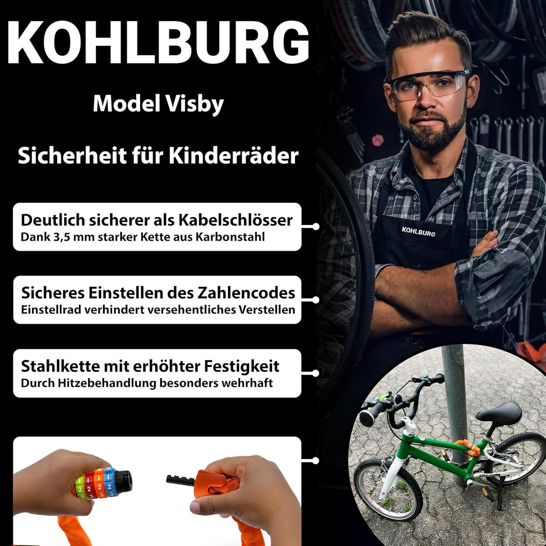 KOHLBURG Kinder Fahrradschloss Zahlenschloss 4 stellig [ohne Weichmacher, Stahlkette] - Kinderschlos
