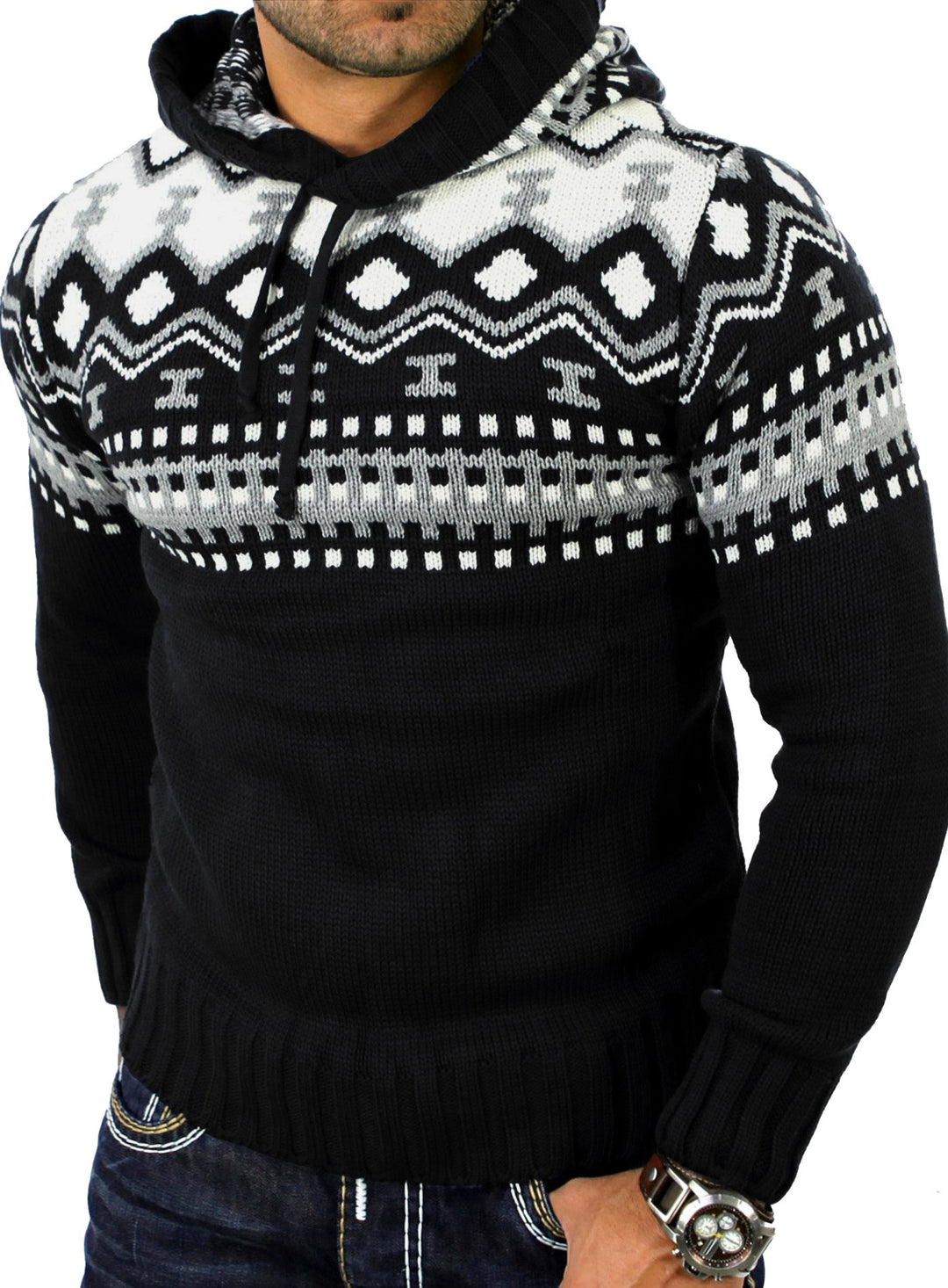 Reslad Norweger Pullover Herren Winterpullover Kapuzenpullover | Strickpullover für Männer RS-3013 S